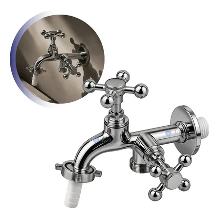 Torneira Metal Inox ½ ¾ Tanque Máquina Lavar Duas 2 Saídas Acabamento Cromado Cor Prateado Nitro Metais Brilhante