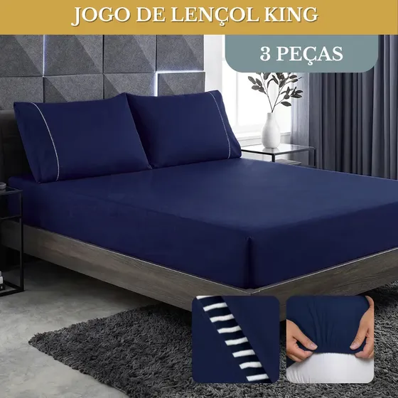 Jogo De Lençol Cama King 03 Peças 400 Fios Ponto Palito Cor Azul-marinho Desenho Do Tecido Lisa