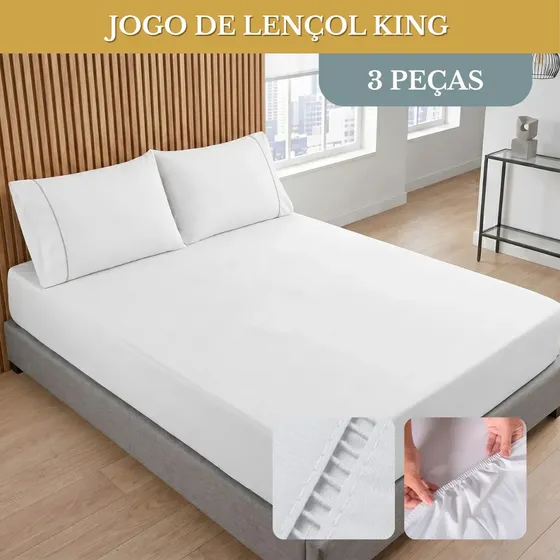Jogo De Lençol Cama King Size 03 Peças 400 Fios Ponto Palito Toque Suave Macio Cor Branco
