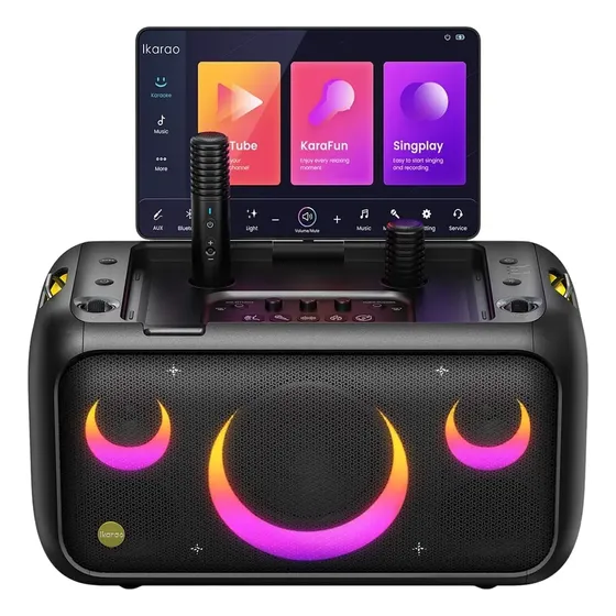 Caixa De Som JOOG Ikarao Break X1 Karaokê Bluetooth 5.4 WiFi 2.4G/5G 600w Tela 10.1" IPS Touch Screen 2x Microfones sem fio inclusos