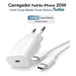 Carregador iPhone 20W Carga Rápida USB-C + Cabo Padrão IPhone 1m | iPhone 11 12 13 14 Pro Max | ANATEL Bivolt | Power Delivery | Fonte VTR