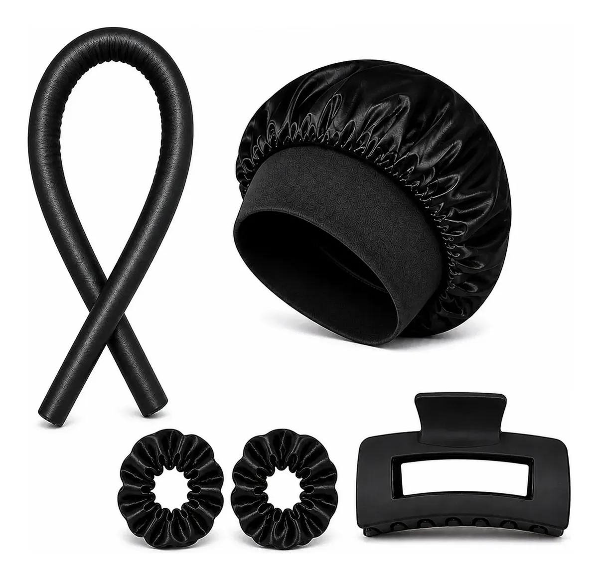 Kit Modelador De Cachos Sem Calor Com Touca E Xuxinhas Cetim Preto