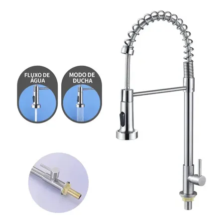 Torneira Flexível Gourmet Bancada Cozinha Aço Inoxidável 304 Prateado Escovado Duckly Winda