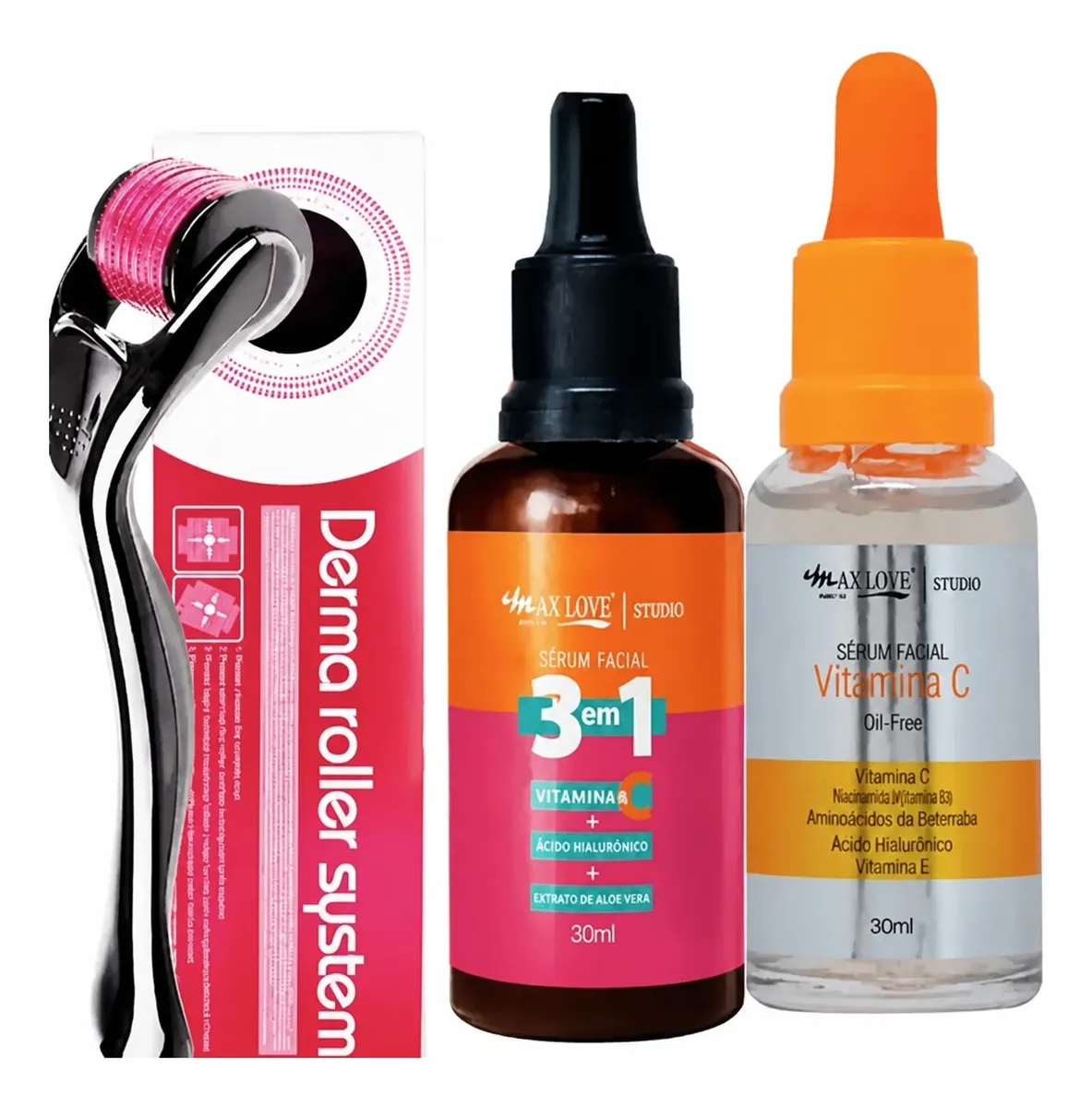 Derma Roller Microagulhamento + Serum3em1 + Vitamina C Rosto