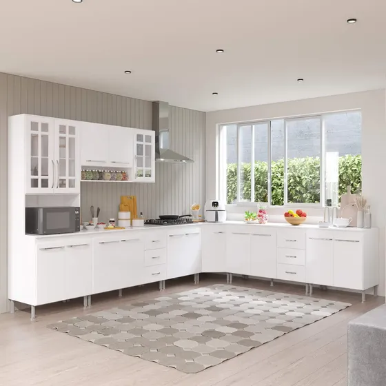 Armário de Cozinha Modulada Completa de Canto Fidelitá Viena 7 Peças 600cm 16 Portas 6 Gavetas Com Tampo Branco