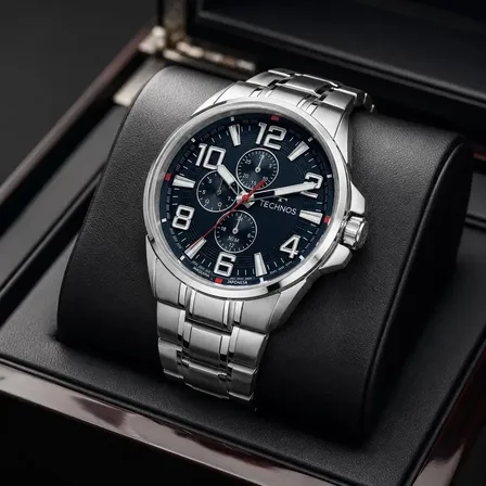 Relógio Technos Masculino 6P27DUT/1A 45 Milímetros Aço Inoxidável Prata Com Fundo Azul Multifunção com Calendário Prova D´Agua 50m