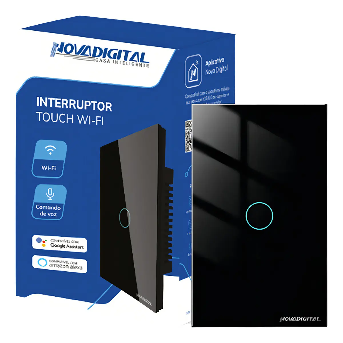 Interruptor Inteligente Wifi Novadigital 1 Tecla Botão Touch Tuya Smart Life Alexa Google 110v 220v Bivolt 4x2 Preto