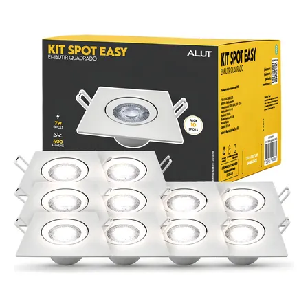 Kit 10 Spot Led Embutir 7w 4000k Branco Neutro 110v/220v Bivolt Quadrado Branco Cod: ALUT000603 Alut