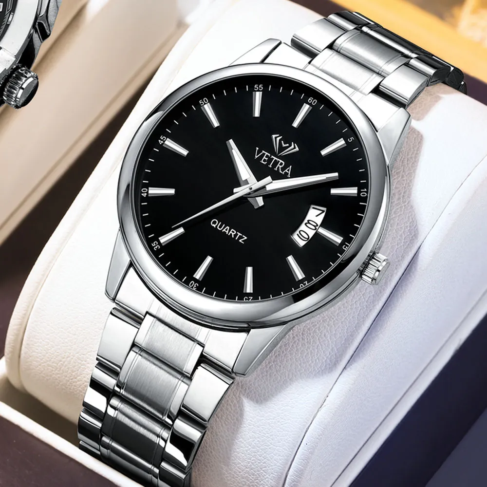 Vetra Relógio Masculino Quartzo Relogio Aço Inoxidável 6115 Prateado Preto