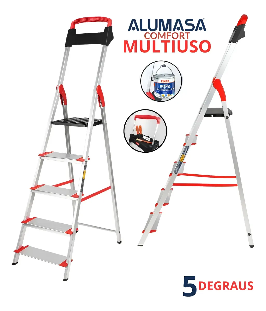Escada Alumínio 5 Degraus Dobrável Comfort Alumasa Vermelho