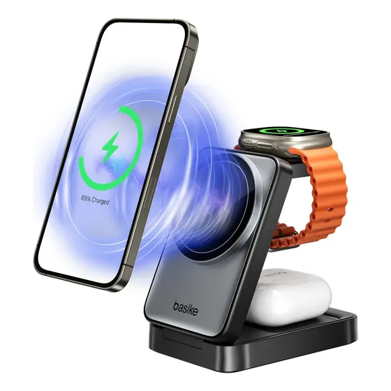 Carregador Sem Fio 3 em 1 de 15W para Celular, Smartwatch e Fones - Preto