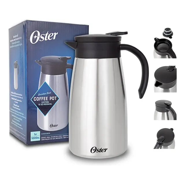 BULE TÉRMICO 1000 ML CASSELBECK OSTER - CORPO EM AÇO INOXIDÁVEL, ALÇA EM BAQUELITE ANTITÉRMICO, BICO DOSADOR COM GATILHO DE LIBERAÇÃO