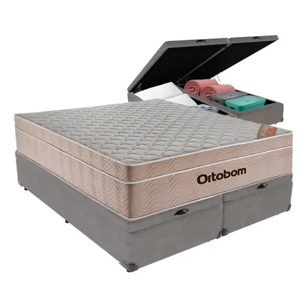 Cama Box Baú Queen Ortobom Airtech Molas Ensacadas Cinza Tecido Malha