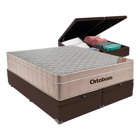 Cama Box Baú Queen Ortobom com Colchão Airtech de Molas Ensacadas Marrom