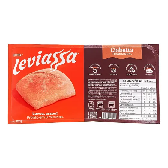 O Pão Ciabatta Tradicional Leviassa, não é congelado. Feito com ingredientes naturais, sem conservantes ou açucares. Pronto em até 8min. Pode ser armazenado em temperatura ambiente por até 120 dias.