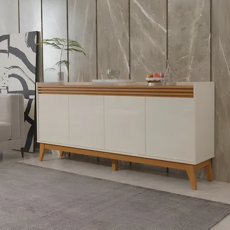 Buffet Aparador Ripado 4 Portas Pés De Mdf Astúrias 180cm Cor Off White E Cedro