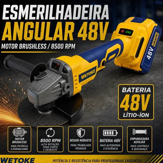 Esmerilhadeira Angular Sem Fio Wetoke 48V 8500rpm Disco 100mm