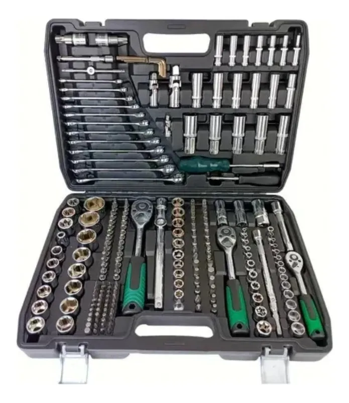 Kit De Chaves Jogo Chave Catraca De Ferramentas 216 Peças Ma Caixa Preta Com Alça Verde