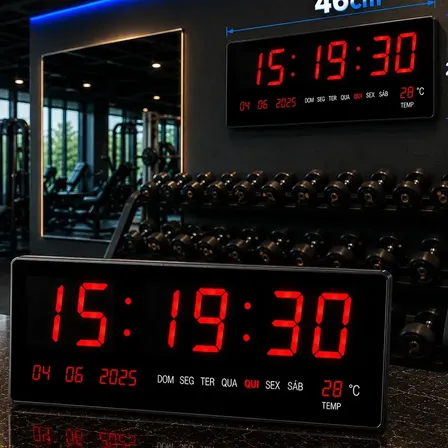 Relógio Parede LED Digital Grande 46x22cm Hall Entrada Academia Hospital Igreja Comércio Recepção Calendário Termômetro Data Hora 12/24h Temperatura Dia Mês Ano Memória Bivolt 110/220 Cor Preto