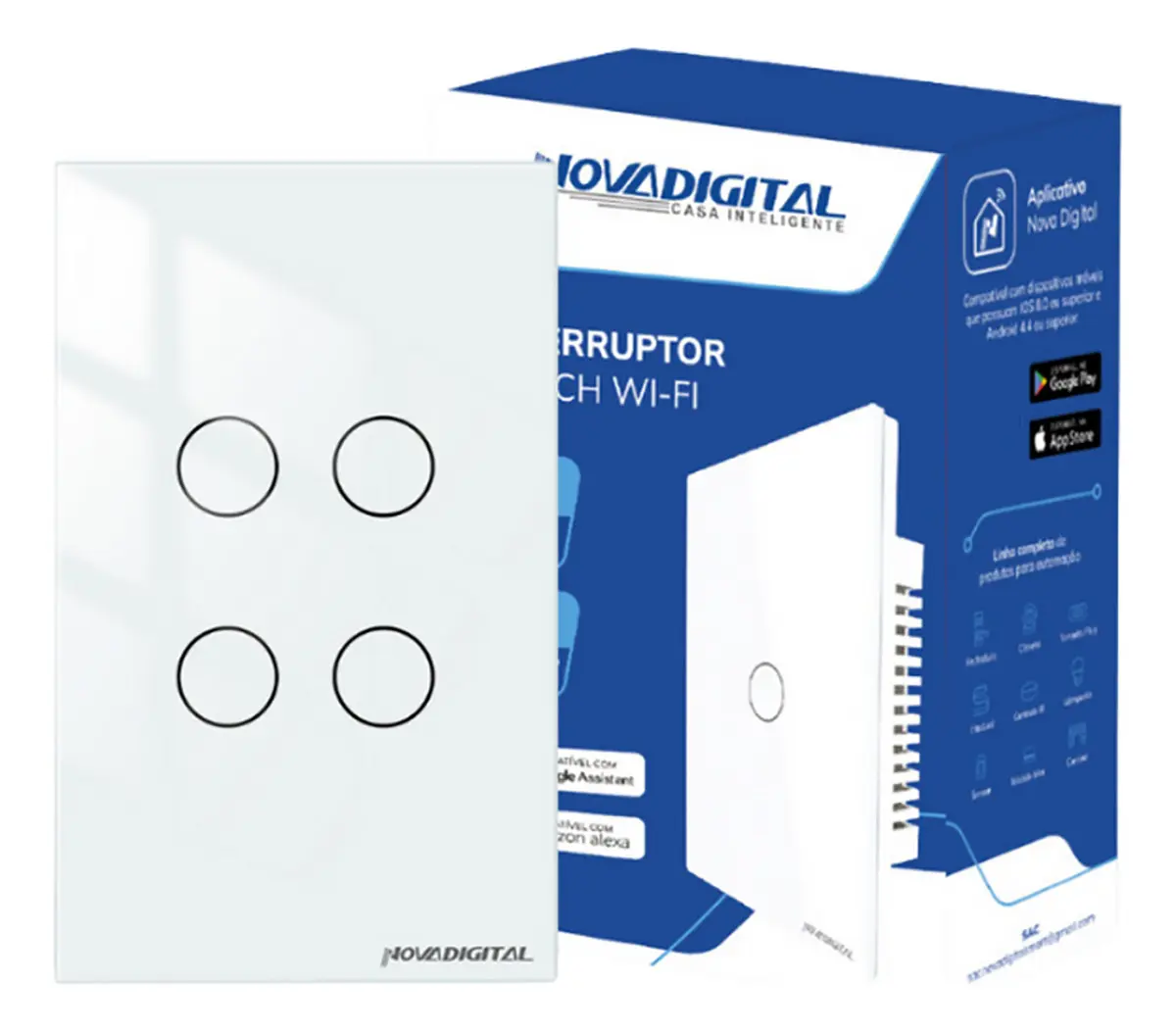 Interruptor Inteligente Wifi NovaDigital 4 Teclas Botões Touch Tuya Smart Life Alexa Google Bivolt Branco LITE-WS4-W