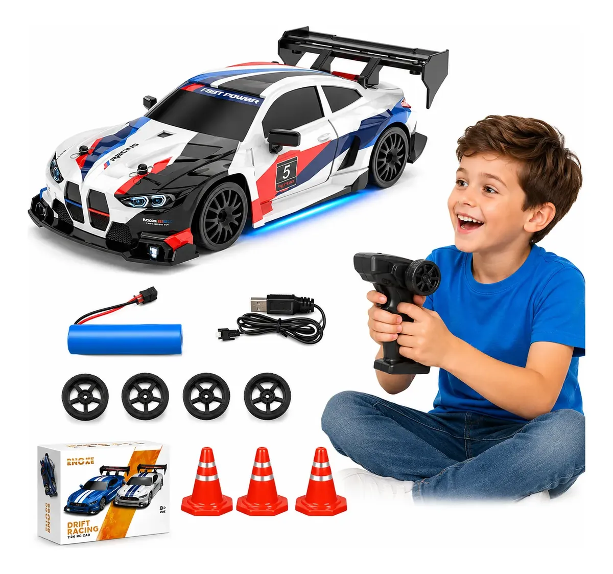 Carrinho Controle Remoto Drift 4x4 4wd Recarregável Com Led Branco Drift