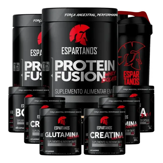 Kit 2x Whey Fusion + 2x Bcaa + 2x Crea + 2x Glutamina + Copo Sabor Morango/Baunilha