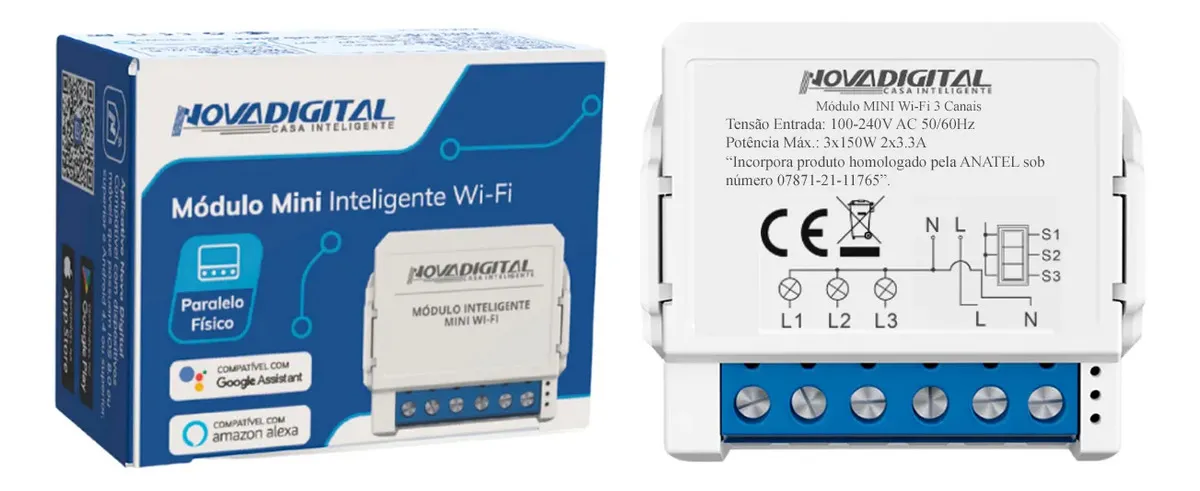 Relé Inteligente Wifi Novadigital 3 Canais Tuya Smart Life Alexa Google Mini Smart Swtich Bivolt Branco