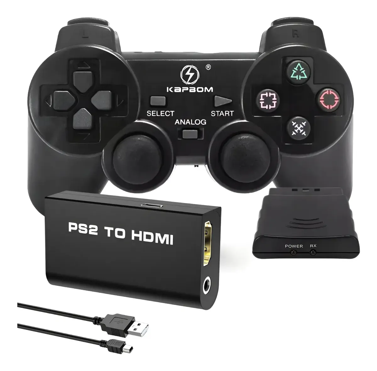 Controle Sem Fio Para Ps2 + Adaptador Hdmi Preto