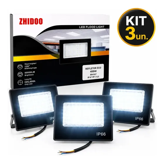 Kit 3x Refletor Led 400w Wg Tech Branco Frio 6500k Kit 3 Ip66 Alumínio Bivolt 127/220v Preto