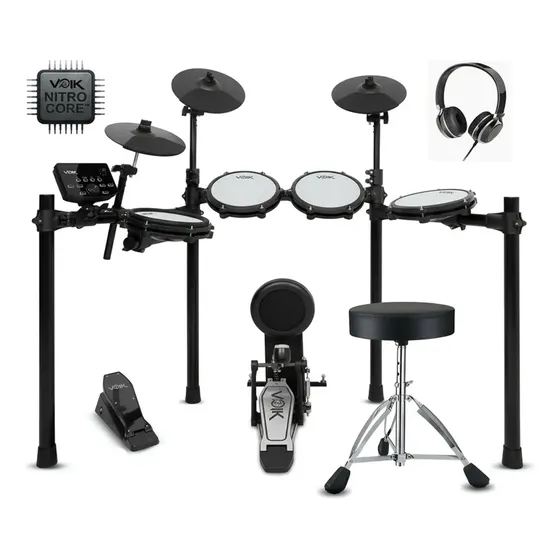 Bateria Eletrônica Voik BOOST-700 Nitro Core MIDI Pads Mesh 8 Peças Caixa Dual Zone 15 Kits Profissional Completa Com Banco + Fone + Baqueta E-DRUMS Series Cor Preto Bivolt 110v/220v