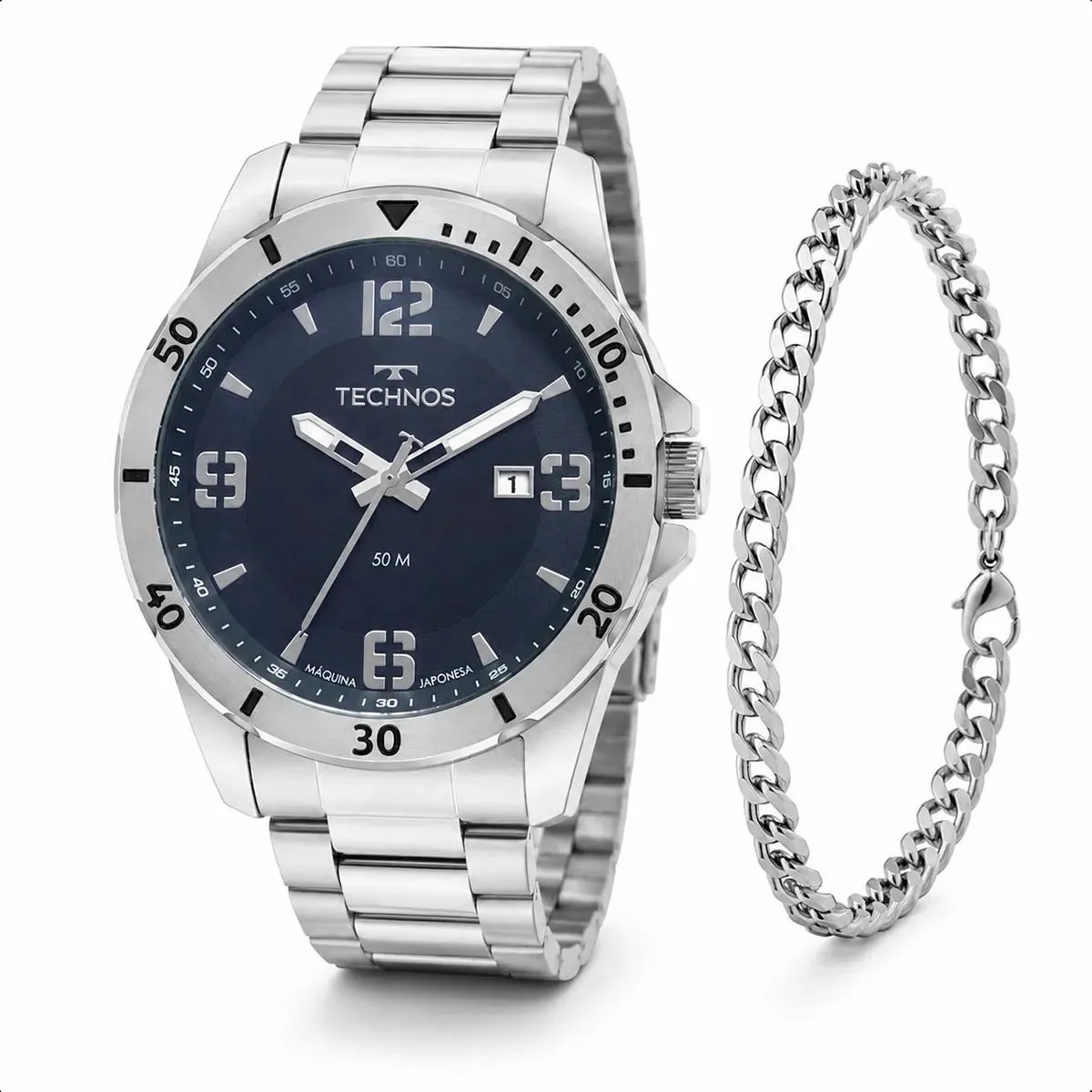 Relogio Technos Masculino 2115MYN/1A 45 Milímetros em Aço Inoxidável com Calendário Fundo Azul Petróleo + Pulseira Masculina
