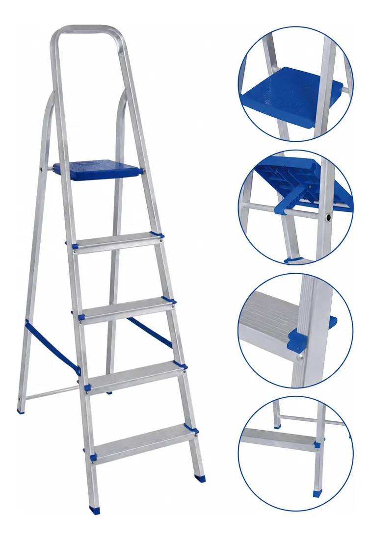 Escada C/ 5 Degraus De Aluminio 100% Tesoura Resistente Mor Prata Com Detalhes Em Azul