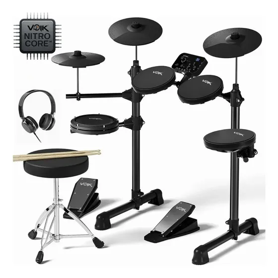 Bateria Eletrônica Voik VIBE-500 Nitro Core MIDI USB 7 Peças Caixa Mesh 15 Kits Silenciosa Completa Com Banco + Fone + Baqueta Para Iniciantes E-DRUMS Series Cor Preto Bivolt 110v/220v