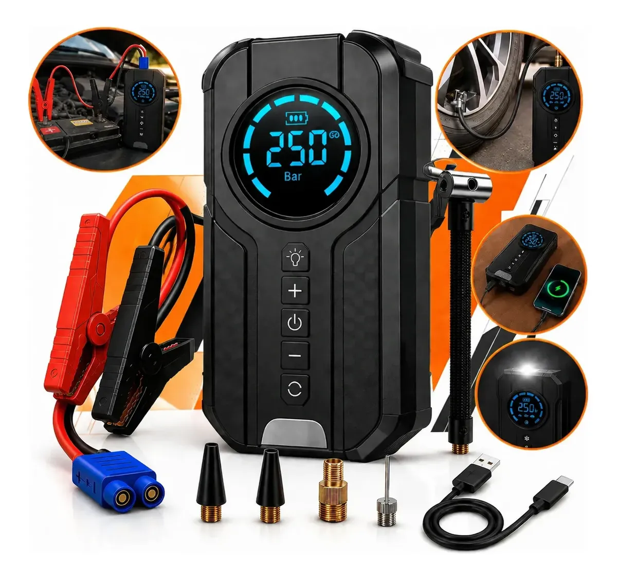 Auxiliar Partida Compressor Portátil Inteligente Carro Moto