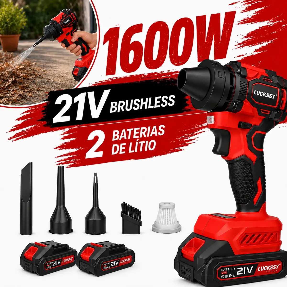 Soprador De Folhas Potente Elétrico Turbo Portátil 2 Bateria Vermelho 110/127/220v