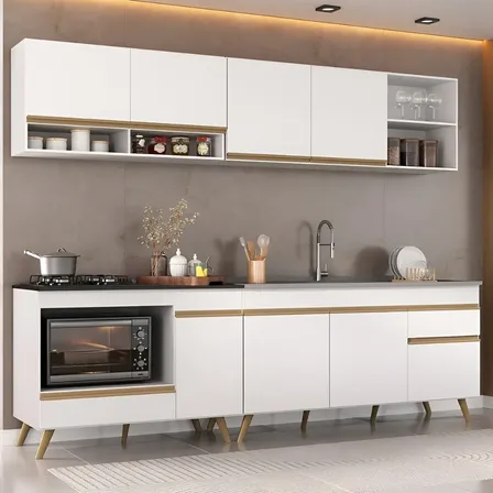 Armário de Cozinha Modulada Compacta 4 Pçs com Balcão para Cooktop Veneza Multimóveis MP2261 Cor Branco/Dourado