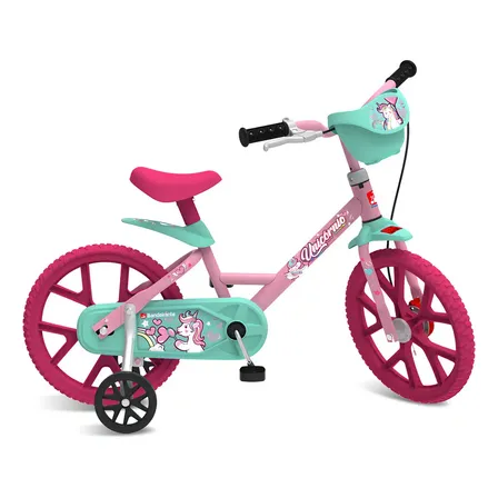 Bicicleta Infantil Aro 14 Unicórnio Cestinha Bandeirante Cor Rosa Tamanho Do Quadro 14