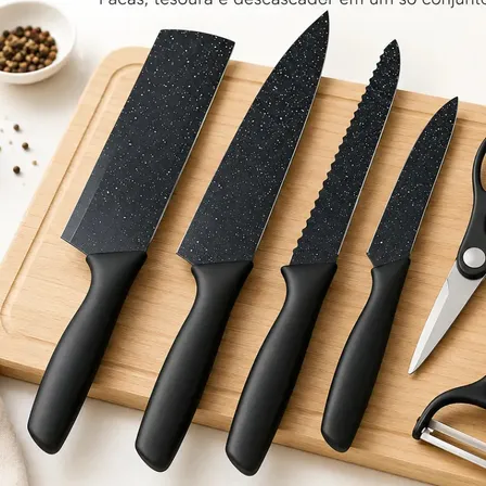Kit Facas 6 Peças Conjunto Preto Para Cozinha Churrasco Faqueiro Aço Presente Techseller