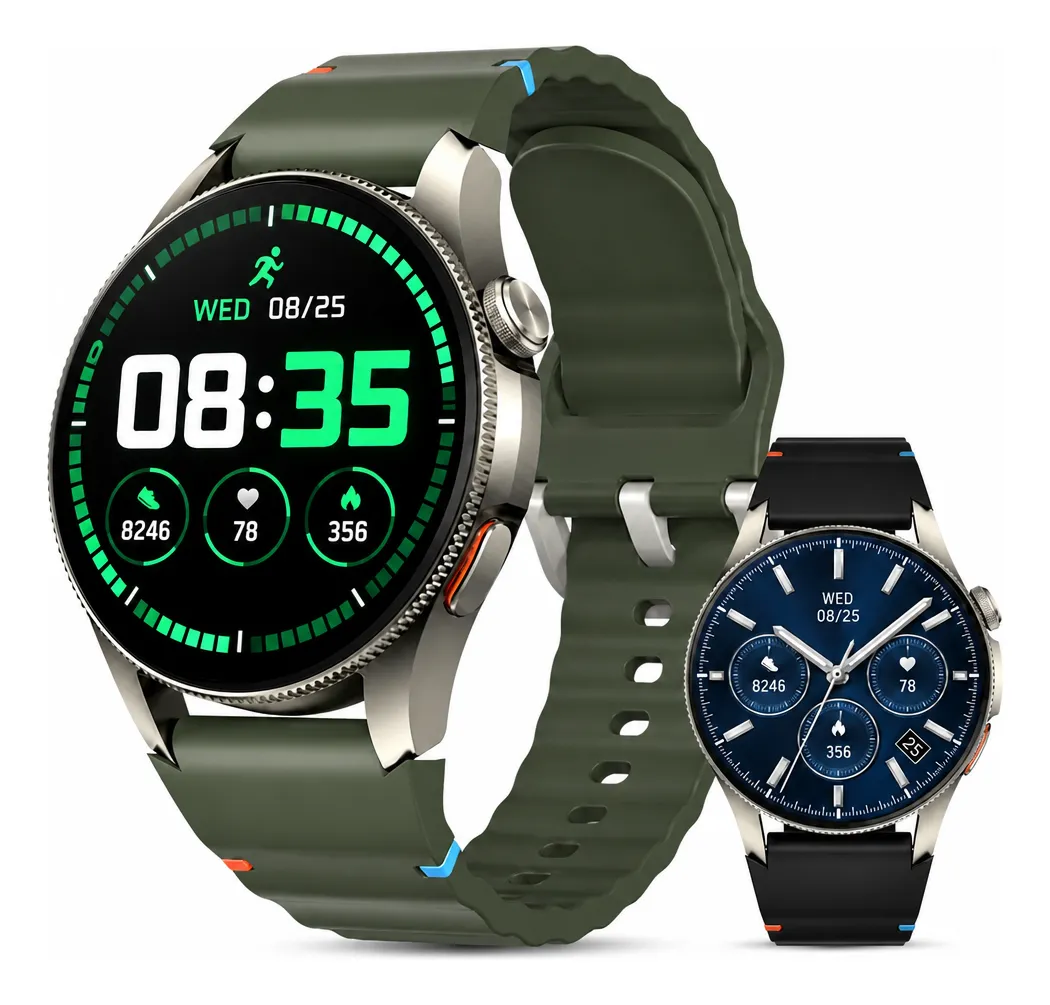 Smartwatch Aurafit G12 Com Gps 3atm Tela Amoled 1.43 Titânio Titânio Esportes Preto/verde