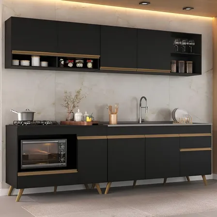 Armário de Cozinha Modulada Compacta 4 Pçs com Balcão para Cooktop Veneza Multimóveis MP2261 Cor Preto/Dourado