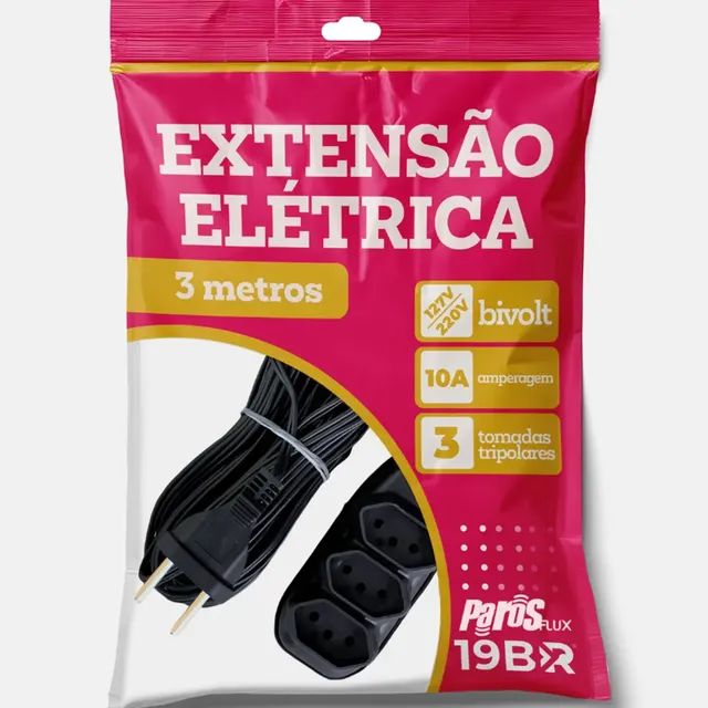 Extensão Elétrica 3 Metros Preto 3 Tomada Tripolar 127/220v