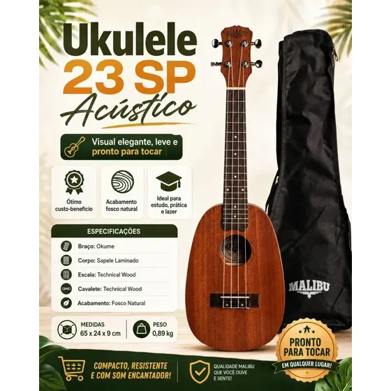 Ukulele Acustico Malibu Abacaxi 23sp Sapele Concerto C/ Capa Cor Marrom