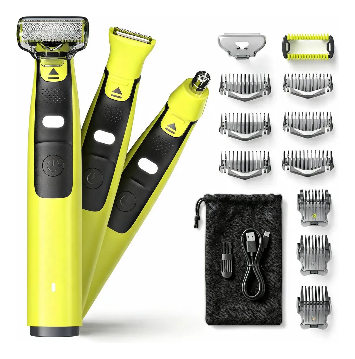 Barbeador Elétrico Masculino 3em1 3 Pentes 1/3/5mm Bolsa Led Amarelo