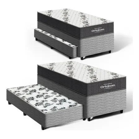 Cama Box Solteiro Ortobom Cinza com Colchão Espuma D33 e Bicama Firme