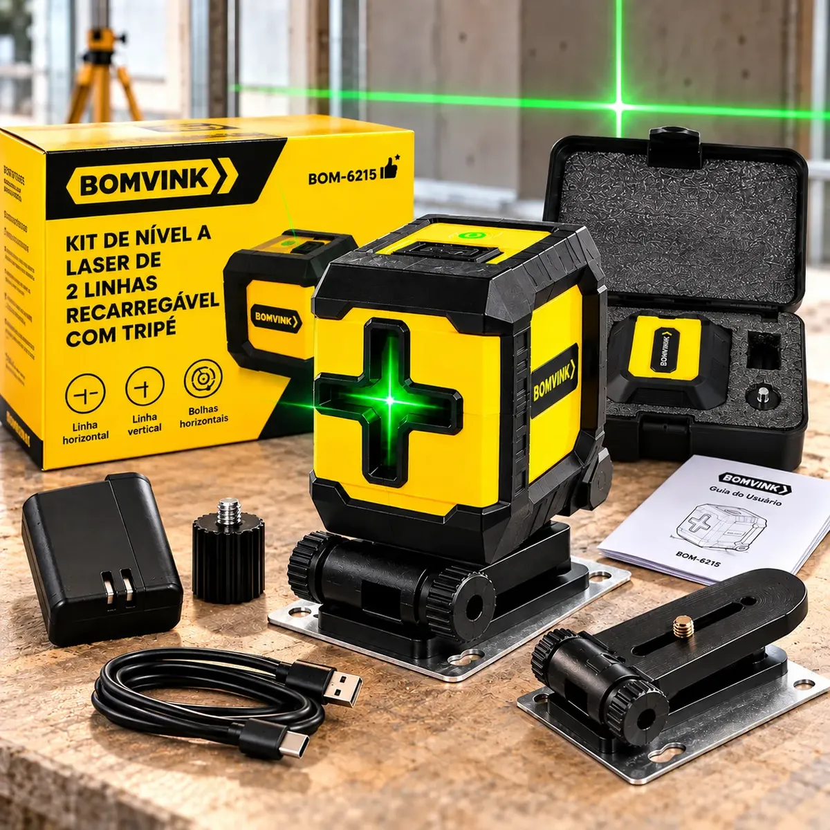 Nível Laser Verde 2 Linhas Tripé Autonivelante 10 Metros
