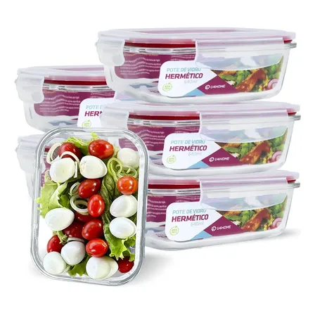 Conjunto 6 Potes Vidro Hermético Retangular 640ml Marmita Micro-ondas Vermelho Nabox