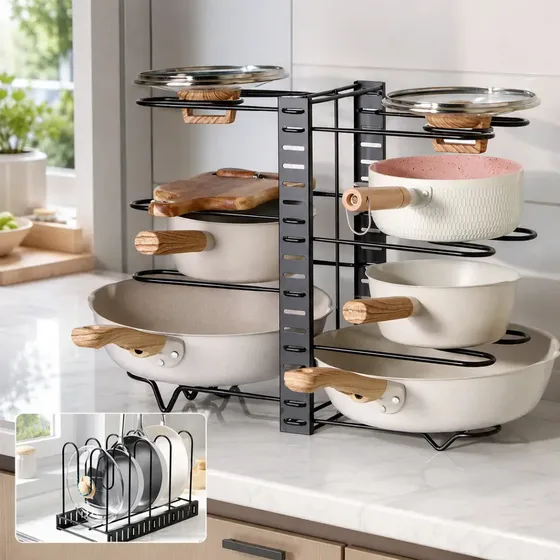 Organizador de panelas e frigideiras ajustável, prateleira de cozinha de 8 camadas, cor preta, 3 métodos de bricolage