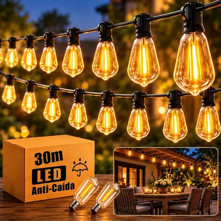 Cordão Luz LED 30m 50 Lâmpadas Decorativo para Festas 2700K Conectável à Tomada Impermeável para Festa, Jardim e Decoração Exterior