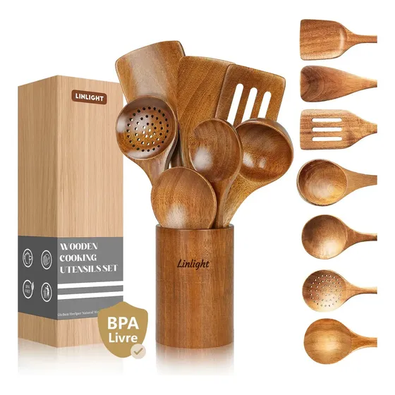 Kit 8 Utensilios Cozinha Escumadeira Madeira Resistentes Ao Calor Com Balde Organizador