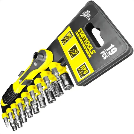 Conjunto De Chave Catraca 19 Peças Soquetes Canhão E Bits Cor Amarelo